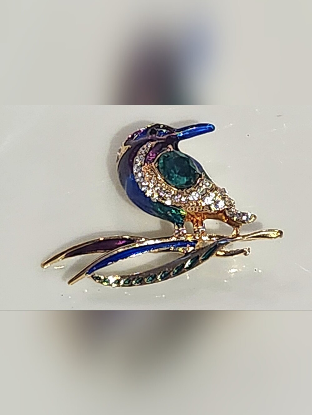 Gold-Tone Multicolor Enamel Bird Brooch with Green Crystal Accent